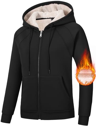 MoFiz Zip Up Hoodie Women Thermal Fleece Lined Zipper Hoodies Jacket Winter Coats For Women Warm Casual Hooded Sweatshirts With Pocket Black Large
