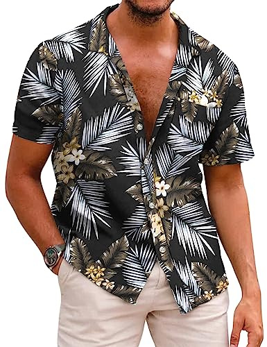 COOFANDY Chemise Homme Hawaienne Manche Courte Chemise d'Été Décontractées Chemises de Plage Casual Funky Imprimé Palmier avec Poche Avant A-Feuilles de Palmier XXL