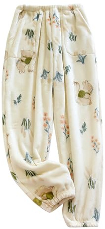 Baggy byxor för damer breda ben mysiga dambyxor dam luddig fleece pyjamasbyxor söta tryck flanellbyxor vinter varma pyjamasbyxor joggingbyxor damkläder