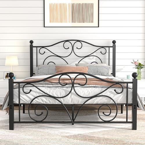 VECELO 4ft6 Double Bed Frame with Headboard and Footboard, 135×190cm Platform Mattress Foundation, Heavy Duty Metal Slat Support, No Box Spring Needed, Easy Assembly