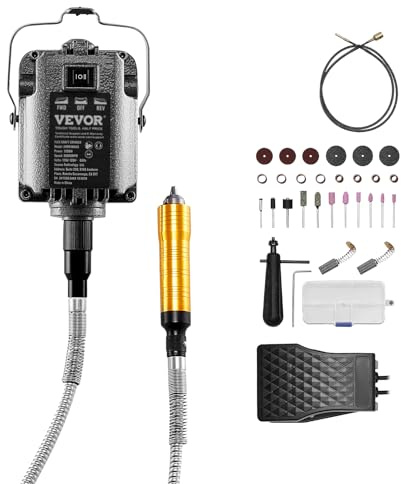 VEVOR Amoladora de Eje Flexible, Herramienta Rotativa Eléctrica de Eje Flexible de 1000 W y 30 000 RPM, con 31 Accesorios y Pedal para Tallar, Pulir, Taladrar y Pulir, 1260 x 115 x 95 mm, Negro