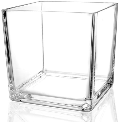 Comrzor 1 Pack Square Glass Vase 5 x 5 x 5, Clear Flower Vase for Centerpieces, Candle Holder for Wedding Party Events, Home Décor