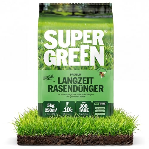 SUPERGREEN Rasendünger Langzeit bis 100 Tage | 5 kg für 250m² | NPK 18-6-10 für schnellen, sattgrünen, dichten Rasen | Nitratfrei & staubfreies Granulat (2-5 mm)