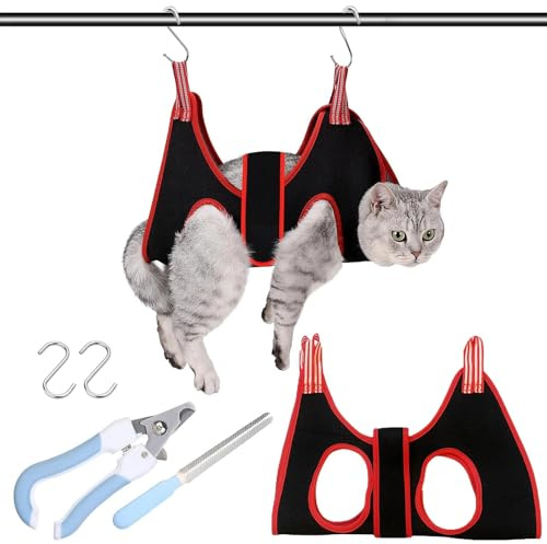 GmwyCzV Katzenpflege Hängematte, Haustierpflege Hängemattengeschirr, Hängematte zum Krallenschneiden für Hunde, für Grooming mit 2 S Haken, mit Nagelknipser Nagelfeile, für Hunde und Katzen