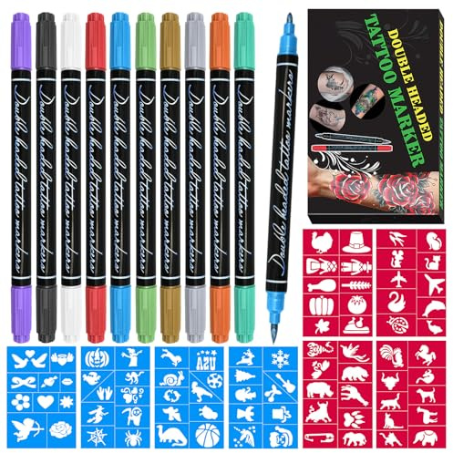 Marcador de Tatuaje Temporal para la Piel, 12 Marcadores Corporales de Metal + 80 Plantillas de Tatuaje, Niños Adultos, Colores Brillantes, Pintura Corporal DIY, Secado Rápido y Lavable