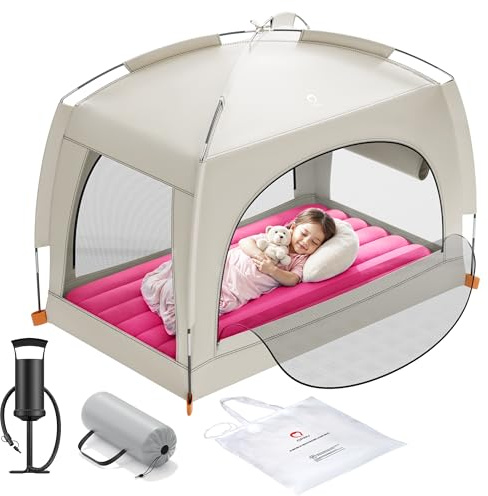 QPAU Letto gonfiabile da viaggio per bambini con tenda – Materasso ad aria per bambini leggero con pompa a mano – soluzione portatile per dormire per interni ed esterni, per campeggio, viaggi, casa