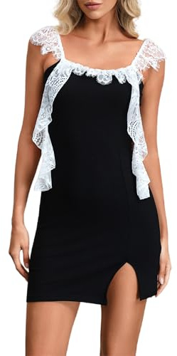 HYPERFIRE Women's Sleeveless Bodycon Mini Dress Lace Straps Side Slit Party Cocktail Dress Black and White X-Small