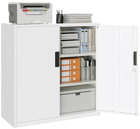 YOUDENOVA Aktenschrank,90 x 90 x 40 Metall Aktenschrank Abschließbar mit 2 Türen,Mehrzweckschrank mit 3 Ebenen,Weiß Mehrzweckschrank mit verstellbare Ablagen