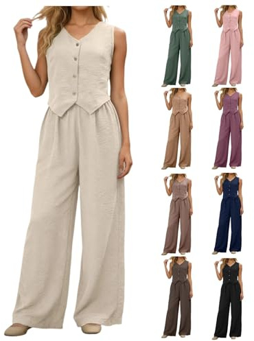 Dambyxor kostymer linne Co Ord set v-hals bomull linne knapp ner ärmlös blazer väst breda ben byxor set enfärgad affärsväst och byxor set komfort kvinnor kostymer och kavajer
