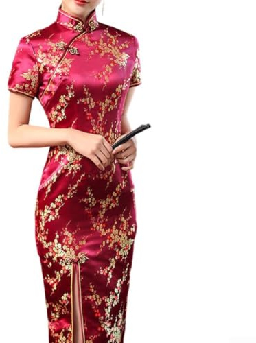 Posheliox Vestido tradicional cheongsam para mujer, Qipao chino con estampado de flor de ciruelo, elegante vestido de fiesta largo para primavera y verano