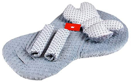 BABYLUX Kinderwagen SITZAUFLAGE Kissen Gurtschoner f. Buggy Autoschale Einlage (5. Grau + Maroko, 3 Tlg Sitzauflage + Kissen + Gurtpolster)