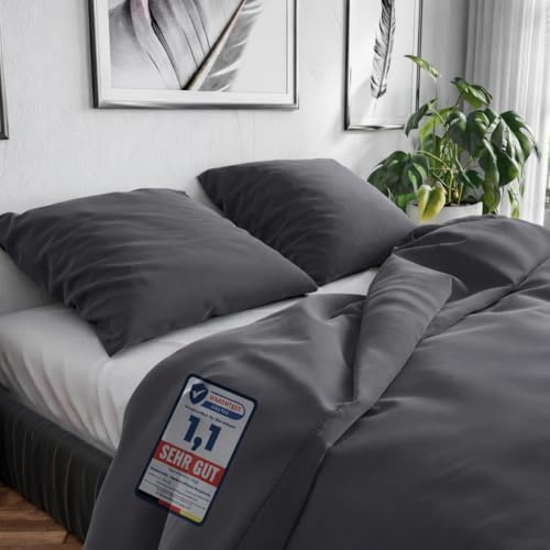 Wolkenfeld Bettwäsche 200x220 Baumwolle – Set mit 2X Kissenbezug 80x80 – Atmungsaktiv, Hautfreundlich & Pflegeleicht – Ganzjahres-Bettwäsche mit Reißverschluss, Oeko-TEX – Grau Anthrazit