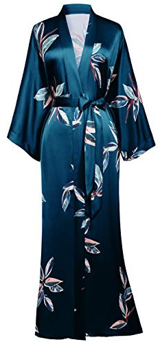 PRODESIGN - Bata larga de mujer con estampado de hojas, tipo kimono, de verano, de satén, albornoz de playa, ligera, para dormir, verde oscuro, Talla única