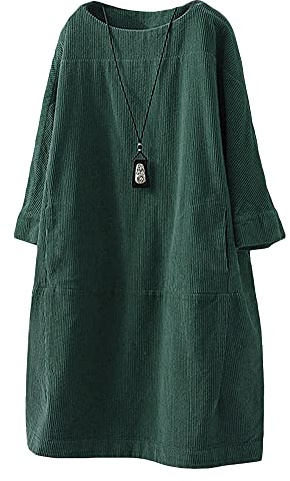 Minibee Women's Oversize Tunic Dress Corduroy Long Sleeve Tops with Pockets Dark Green L