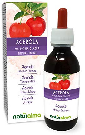 Acerola (Malpighia glabra) Früchte Alkoholfreier Urtinktur Naturalma - Reich an Vitamin C - Flüssig-Extrakt Tropfen 120 ml - Nahrungsergänzungsmittel - Veganer