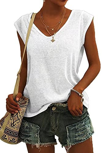 ASKSA Women V Neck Cap Sleeve T-Shirt Summer Solid Color Tank Top Casual Loose Shirts Basic Tee Tops (White,L)