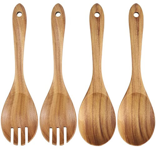 MUKLEI Set of 4 Wooden Salad Servers Tongs, Acacia Wood Salad Servers Set with 2 Wood Mixing Spoons and 2 Forks for Serving Salad, Pasta, Fruit, Hand Carved Wooden Kitchen Utensils