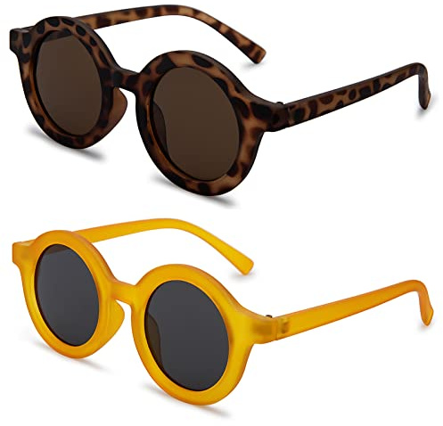 COASION Cute Round Kids Sunglasses UV Protection Flexible Rubber Glasses Shades for Toddler Girls Boys Age 2-10 (Leopard/Brown Lens + Yellow/Grey Lens)
