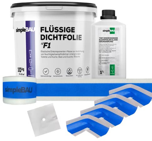 simpleBAU Dichtmasse Wasserdicht 10 kg & Tiefengrund 1L - Abdichtmasse für Bad, Dusche, Fliesen & Fußbodenheizung - Einkomponente und Lösemittelfrei mit 10m Dichtband, 4 Innenecken, 1 Wandmanschetten