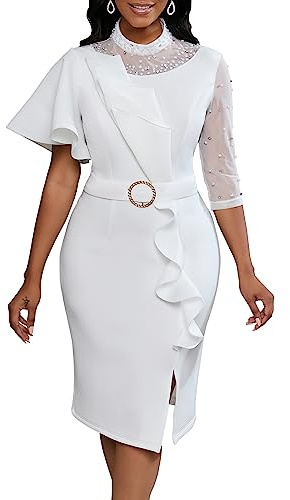 VERWIN Dam Mesh Patchwork Bodycon Midi-klänning Pärla Långärmad Volang Balklänning Festklänning, Vitt, XXL