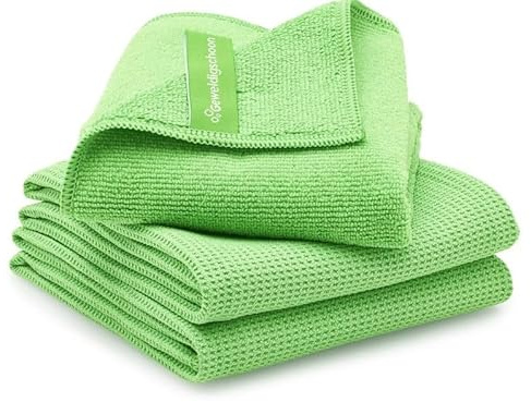 Geweldigschoon Ensemble de serviettes de fenêtre - Chiffon de nettoyage et 2 chiffons secs - Chiffons en microfibre - Taille M - Vert