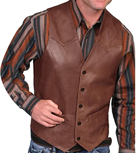Mens Faux Leather Vest Retro Western Style Cowboy Waistcoat Slim Fit Single Breasted Vest Solid Color Sleeveless Jackets(Brown,X-Large)