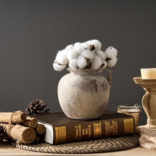 PORCER Vaso in terracotta antica con manico, 14 cm, vaso decorativo in ceramica stile bohémien, vaso rustico per decorazione domestica, soggiorno, tavolo, matrimonio, design invecchiato, grigio