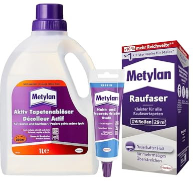 Metylan Raufaser, Tapetenkleister für Raufasertapete (1x180g) & Metylan Naht- und Reparaturkleber (1x60g) & Metylan Tapetenablöser Aktiv-Konzentrat, löst problemlos (1x 1l)