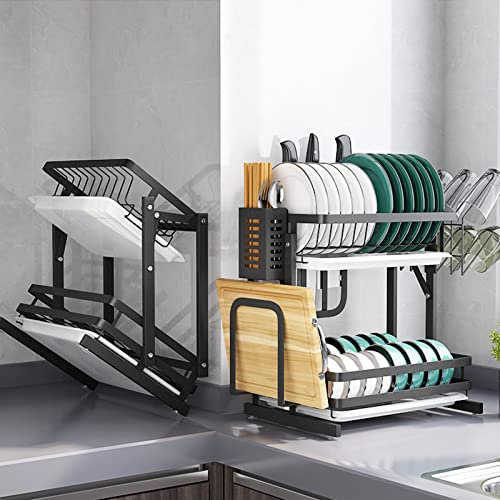 Rejilla para secar Platos de 2 Niveles, Rejilla para Platos de Acero Inoxidable montada en la Pared para Cocina, Rejilla para escurrir con Bandeja de Drenaje, Rejilla para Platos p