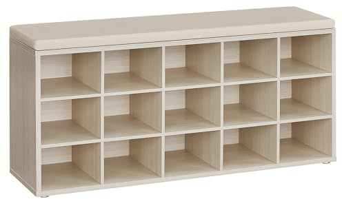 VASAGLE Banc à Chaussures, Organiseur de Chaussures avec 15 Compartiments, Siège Rembourré, pour Entrée, Couloir, Placard, Beige Naturel et Beige Cappuccino LHS015K04