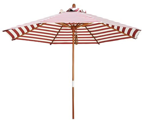 Generic Sonnenschirm Gestreifter 210cm, Balkonschirm 270cm, 38mm Holzstange, 8 Rippen, Strandschirm für Terrasse, Garten, Pool, rot-weiß gestreift (Color : Red and white stripes, Size : 210cm/7ft)