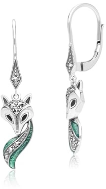Pendientes de gota de plata de ley con diseño de zorro esmaltado verde y negro de estilo Art Nouveau, Gema Plata de ley, Marcasita