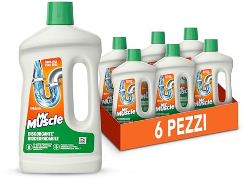 Mr Muscle Disgorgante Biodegradabile, Stura Lavandini e Scarichi Intasati Forte, 3 Dosi per Flacone, Formato Scorta da 6 Pezzi da 750 ml