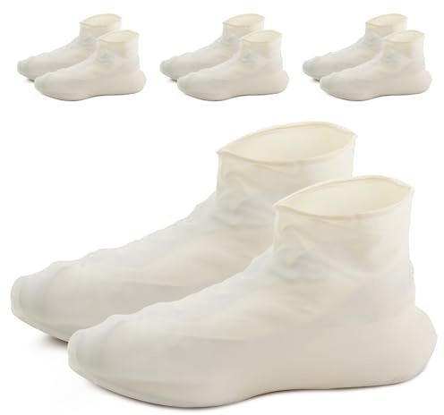 Waterproof Shoe Covers 3 Pairs, Silicone Shoe Covers Reusable, Non Slip Waterproof Overshoes, Rain Shoe Covers for Men Women, Thickened Shoe Protector Covers for Outdoor Cycling Hiking, White, L