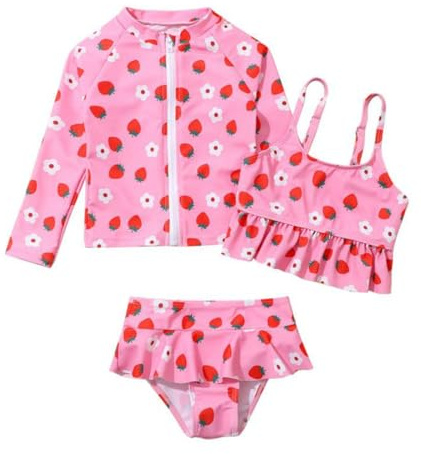 Hotfiary Bañador Niñas 3 Piezas Tankini Set, Traje de Baño Niña, Camiseta de Manga Larga con Cremallera, Cami Top con Volantes y Braguita de Bikini, Lindo Bañador Estampado con Protección UPF 50+ 3 4