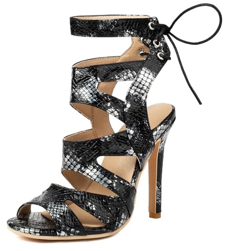 Lizoleor Sandales Femme Bride Arrière Talon Aiguille Haut Ouvertes Peep Toe Lacets Romaines Salon Classique Hollow Noir Taille 38 EU/39CN
