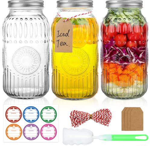 HINGWAH Wide Mouth Mason Jars 64 oz, 3 Pack Large Half Gallon Mason Jars with Airtight Lids and Bands, Clear Glass Canning Jars for Preserving, Pickling, Fermenting, Meal Prep & DIY Crafts (Sunflower)