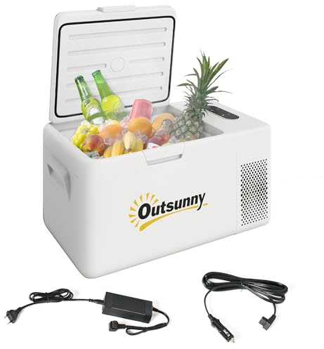 Outsunny 16,8 Liter Kompressor Kühlbox elektrisch Mini Kühlschrank bis -20℃ Kühlbox mit LED Anzeige Modus Anschluss Kühlfunktion leise Gefrierbox Thermobox 12/230 Volt für Auto Lkw Reisen Cremeweiß