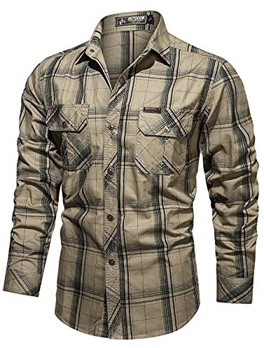 Camicie da uomo safari in 100% morbido cotone biologico, camicia da lavoro a maniche lunghe, con bottoni, comoda, traspirante, traspirante, per escursioni all'aperto, per caccia, pesca, campeggio
