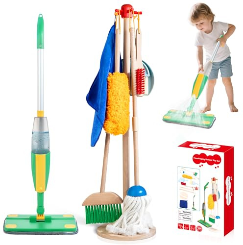 Wooden Kids Cleaning Set with Spray Mop, Montessori Cleaning Toys Real Water Sprayer and Toddler Broom Mop Set, Housework Pretend Play Toy Gift for Boys Girls Ages 3+