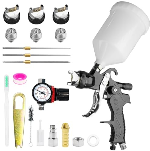 HVLP Lackeringspistol, sprutpistolsats med 3 munstycken 1,4/1,7/2,0 mm & filterseparator, professionell färgpistol lackeringspistol tryckluft gravitation med 600 ml plastmugg