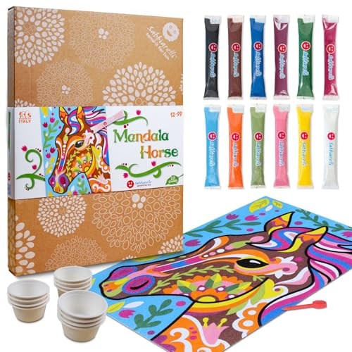 Sabbiarelli Sand-it For Fun – Maxi Set Mandala Cheval 12-99 | Kit de Sand Art 100% Made in Italy avec Sable Coloré, 1 Poster Adhésif et Accessoires | Hobby Créatif Relaxant