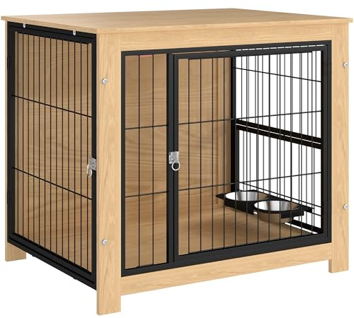 PawHut Jaula para Perros Moderna Mesa Auxiliar Casa para Mascotas con 2 Puertas, Soporte Giratorio con 2 Tazones, Estructura de Acero para Perros Medianos 80x60x68 cm Roble