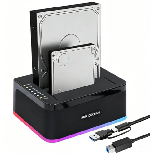 Hårddiskdockningsstation med dubbla fack, RGB USB 3.0 SATA HDD/SSD-dockningsstation med hårddiskloning, Clone Station 2 x 20TB Dual Bay för 2,5/3,5 tums SATA HDD/SSD