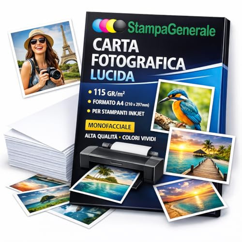 StampaGenerale® Carta fotografica lucida A4 115 g/m², stampabile su un lato – carta foto bianco brillante per stampanti inkjet – ideale per foto, volantini, flyer e brochure (25)