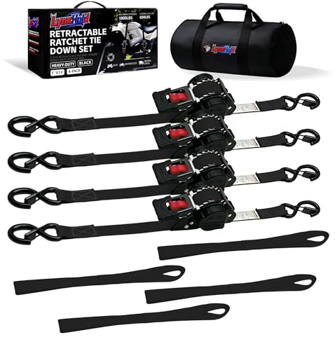 Retractable Ratchet Straps1In x 13Ft - Heavy Duty Auto Slow Retraction Tie Down Straps - 1,800lb Break Strength Self Retracting for Truck, Cargo Trailer, Motorcycle, ATV, UTV - Black, 4Pack