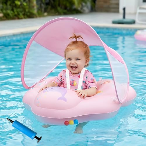 Olycism Flotador Bebe con Sombrilla UPF50+ Materiali adatti ai Bambini Flotador con Sombrilla para Bebe Bomba de Aire y Parches Capacidad de Carga máxima 20 kg Rosa pálido
