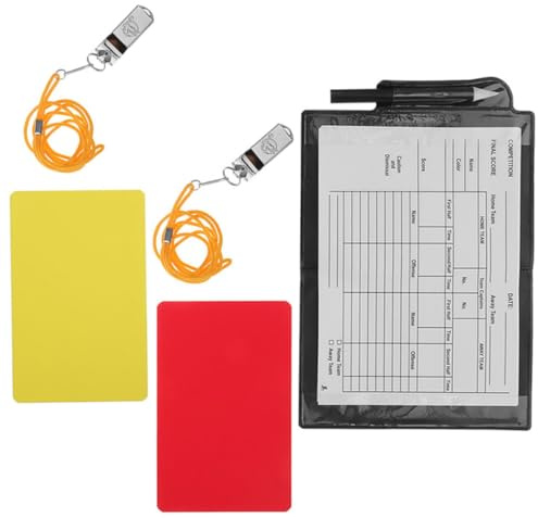 HOOTNEE Kit Árbitro Fútbol 6 Piezas Tarjetas de Árbitro Portátiles Rojas y Amarillas, 2 Silbatos Metálicos, Bloc de Notas, Bolígrafo y Estuche de Cuero para Partidos Deportivos