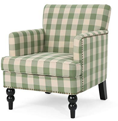 Christopher Knight Home Eve Modern Upholstered Club Chair, Wooden Living Room Accent Chair, Comfy Bedroom Reading Chair, Multifunctional Armchair, Green Checkerboard