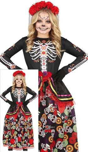 FIESTAS GUIRCA | Costume de Catrina Enfant (7-9 ans) - Robe et Diadème - Costumes de Jour des Morts, Halloween et Fêtes Mexicaines - Idéal pour Filles - Noir et Multicolore